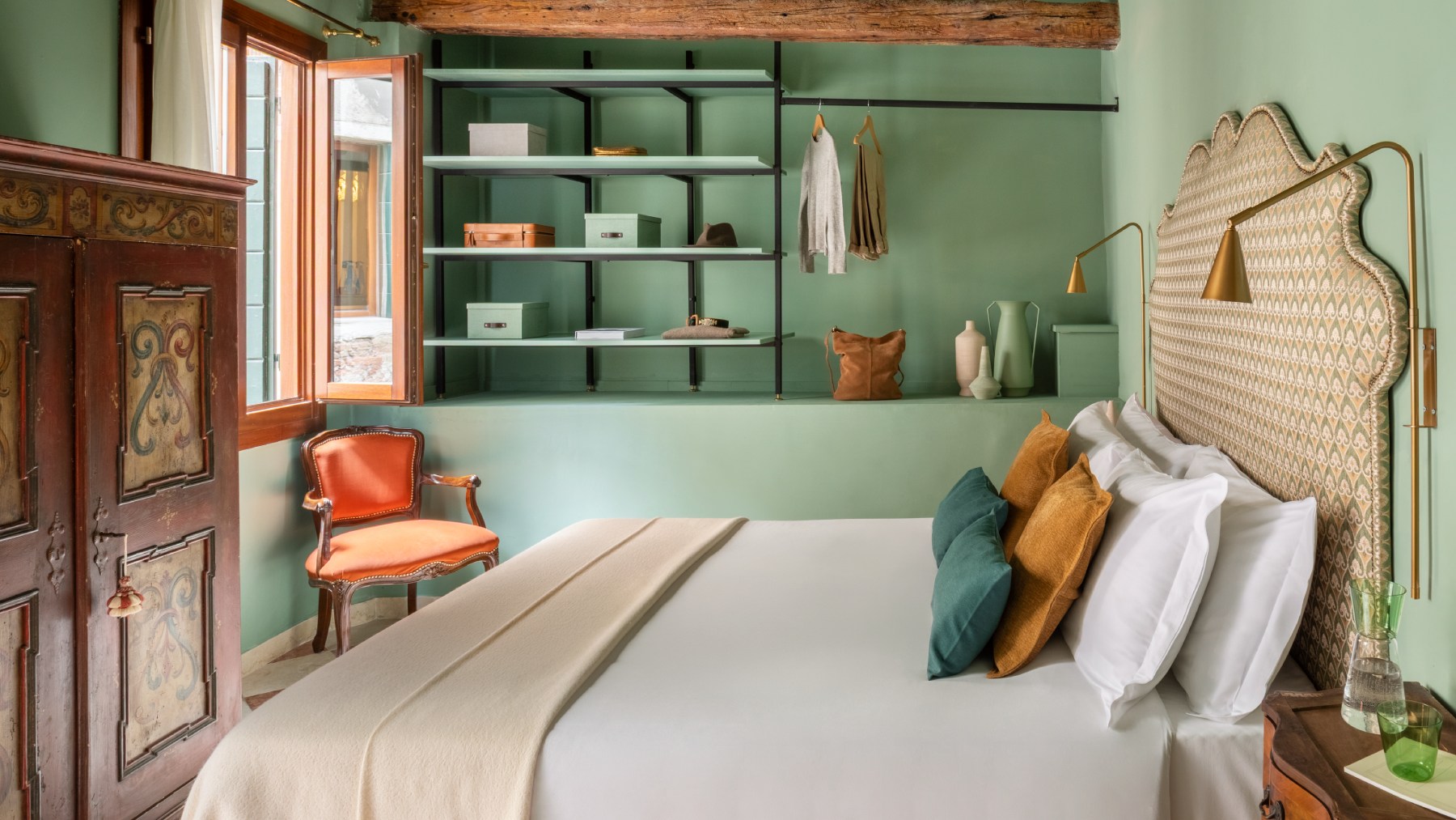 Double room view Hotel Riva sage green featuring beamed ceiling, historic painted wardrobe, and corner desk - Hotel Riva, BZAR hotels in Venice